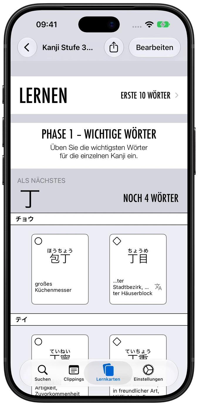 Nihongo-Kanji-Deck mit wichtigen Wörtern auf dem iPhone