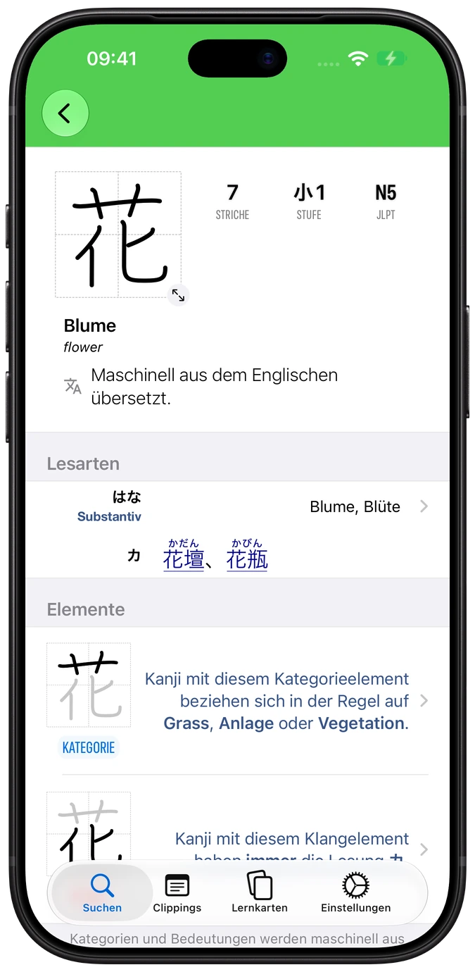 Nihongo-Kanji-Eintrag mit Details und Elementen auf dem iPhone