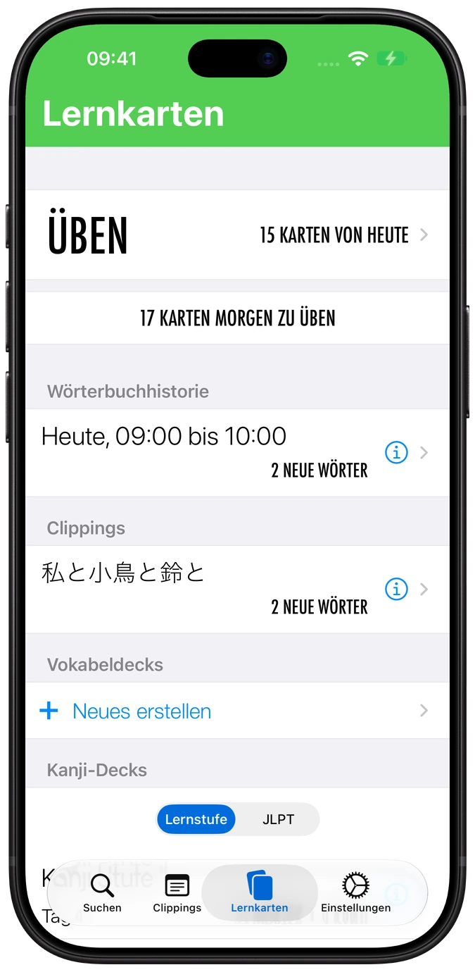 Nihongo-Flashcard-Bildschirm auf dem iPhone